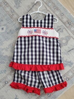 Stitchy Fish Girls Patriotic Free to Sparkle Ruffle Short Set Navy Check Sz4T